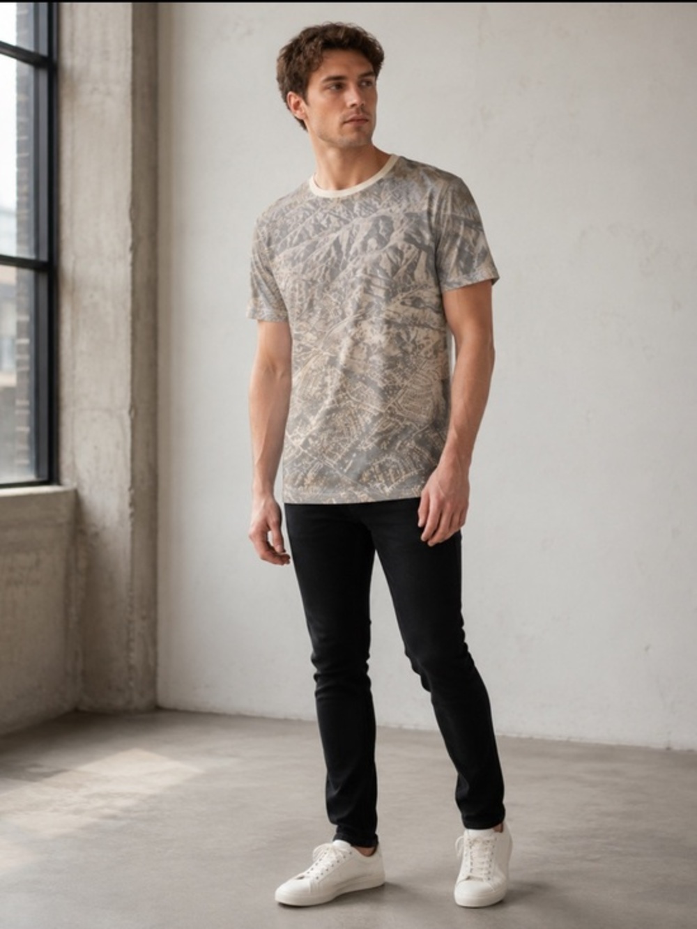 American Eagle Men’s XS Aerial City Mountain Graphic T Shirt Gray Y2K